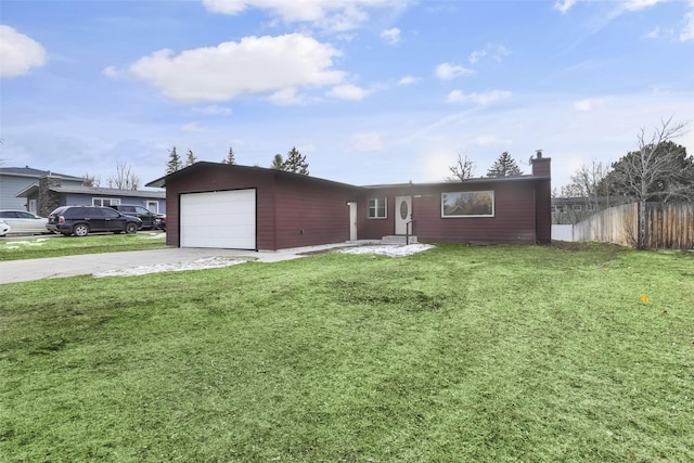 single story home with an attached garage, fence, a front yard, a chimney, and driveway