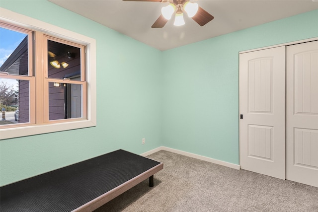 interior space with a wealth of natural light, a ceiling fan, baseboards, and carpet floors