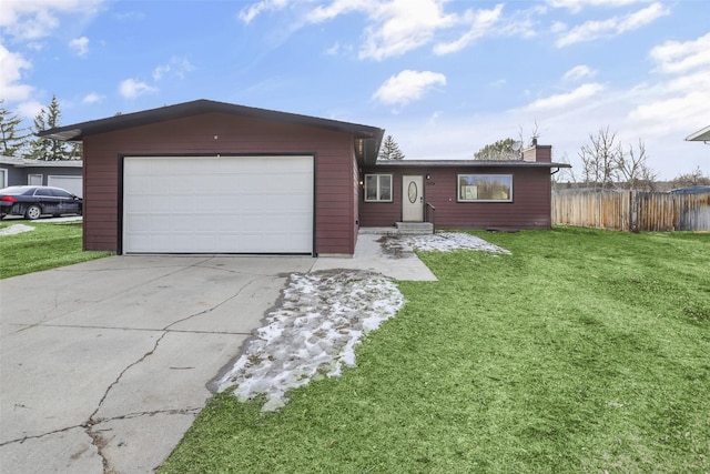 ranch-style home with driveway, a chimney, a front yard, and fence