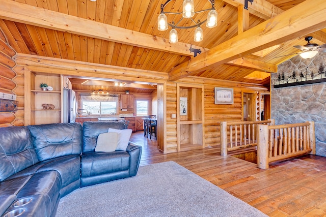 living area featuring beamed ceiling, wooden ceiling, log walls, and hardwood / wood-style floors