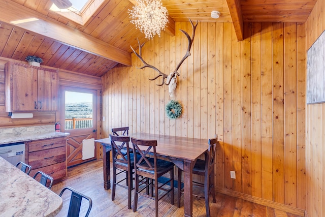 dining room featuring light wood-type flooring, beamed ceiling, wooden walls, a skylight, and wood ceiling