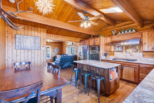 kitchen featuring light wood-style floors, a kitchen island, under cabinet range hood, and stainless steel appliances