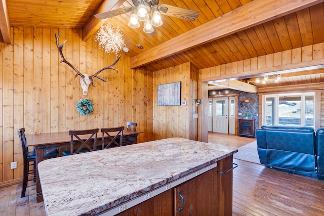 kitchen with wooden walls, hardwood / wood-style floors, beam ceiling, a fireplace, and wooden ceiling