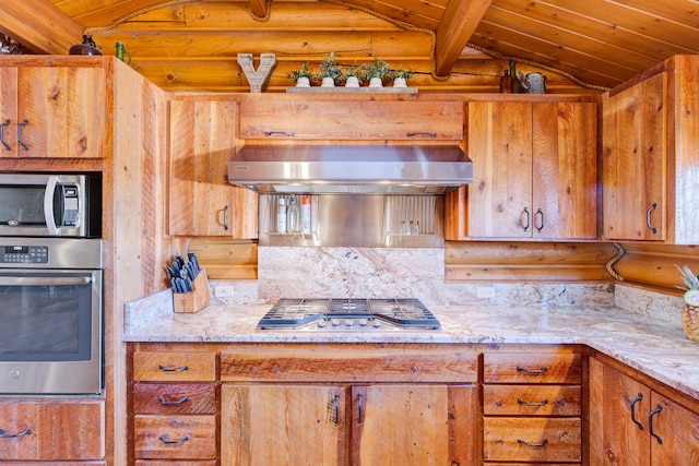 kitchen featuring log walls, lofted ceiling with beams, wood ceiling, appliances with stainless steel finishes, and wall chimney range hood