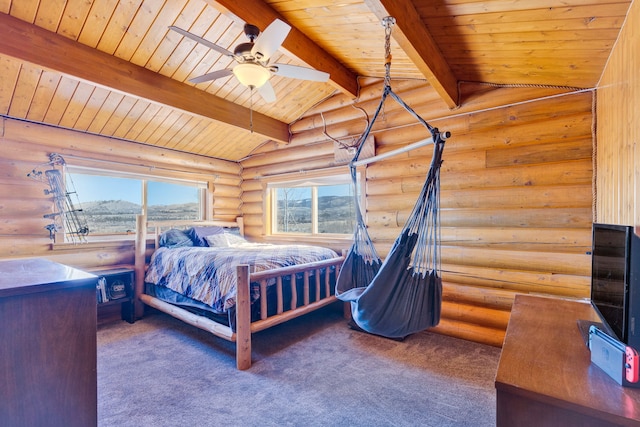 bedroom with carpet flooring, a mountain view, wooden ceiling, and lofted ceiling with beams