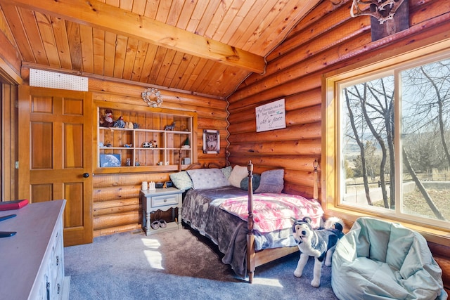 carpeted bedroom with lofted ceiling with beams, wood ceiling, and rustic walls