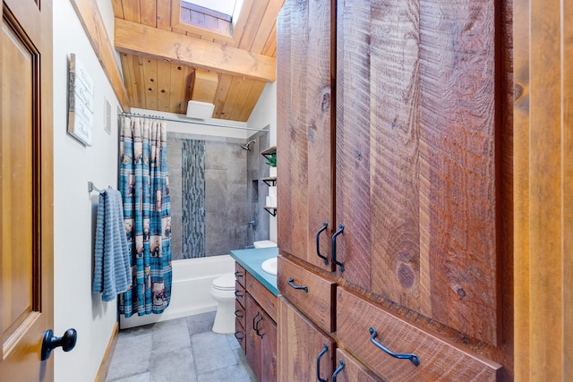 bathroom with toilet, beam ceiling, a skylight, vanity, and shower / bathtub combination with curtain