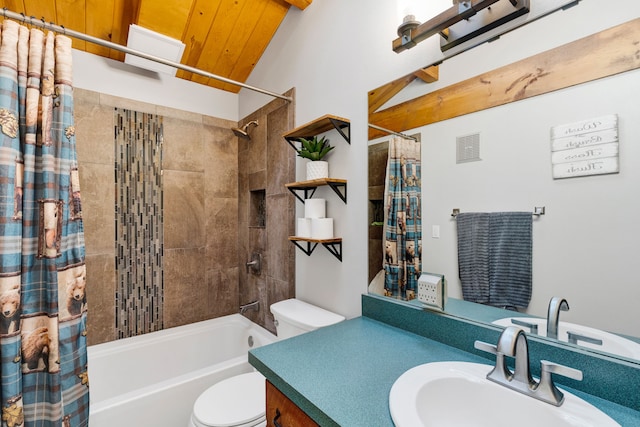 full bath with visible vents, toilet, vaulted ceiling, vanity, and shower / bathtub combination with curtain