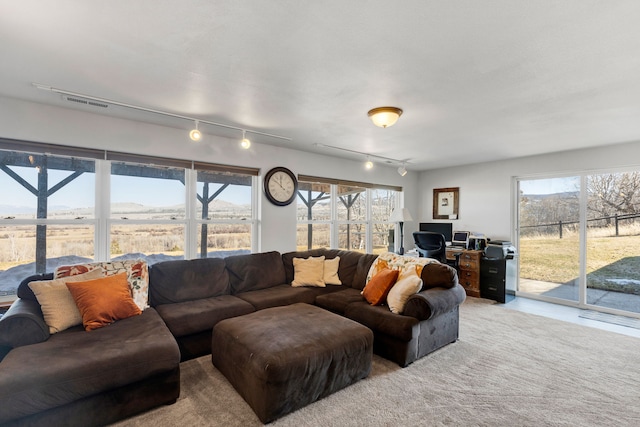 carpeted living area with track lighting, a healthy amount of sunlight, and visible vents