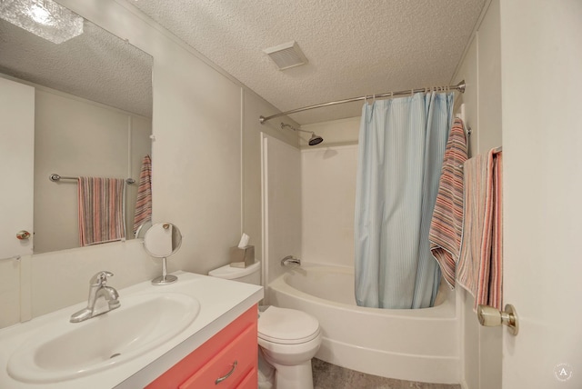 bathroom featuring visible vents, toilet, shower / tub combo with curtain, a textured ceiling, and vanity