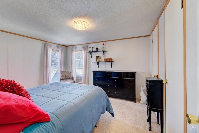 bedroom with crown molding, light colored carpet, and a textured ceiling