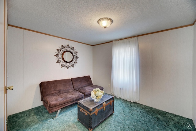 living room with carpet floors, a textured ceiling, and crown molding