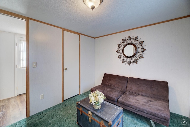 unfurnished living room with a textured ceiling, crown molding, and carpet