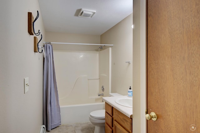 full bathroom with vanity, visible vents, tile patterned flooring, toilet, and shower / tub combo with curtain