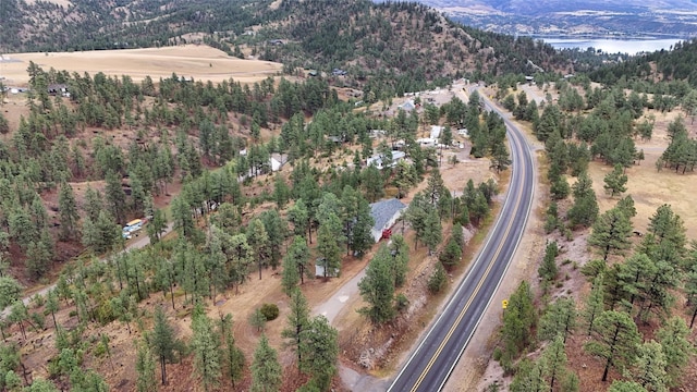 drone / aerial view with a wooded view and a water and mountain view