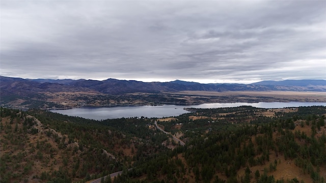 view of mountain feature with a water view and a view of trees