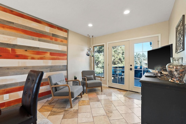 home office with recessed lighting and french doors