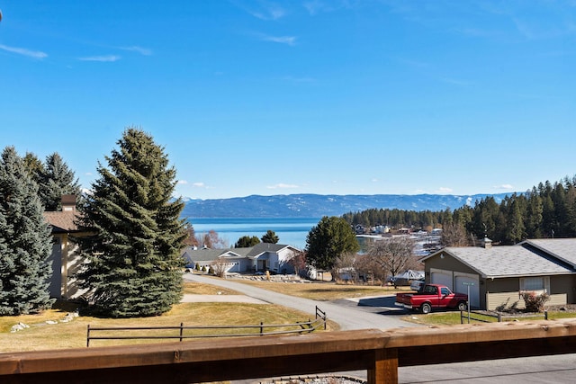 property view of water with a mountain view and fence