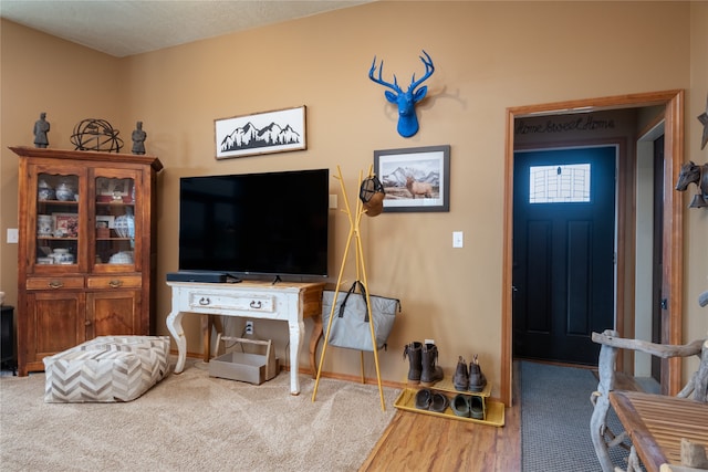 living area with baseboards and wood finished floors