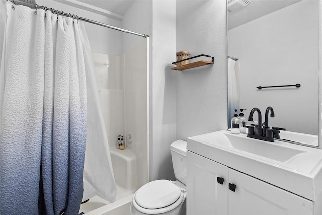 bathroom featuring visible vents, shower / bath combination with curtain, toilet, and vanity