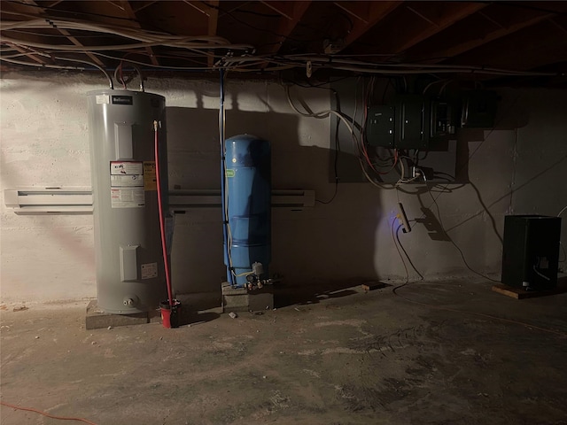 unfinished below grade area featuring electric panel and electric water heater