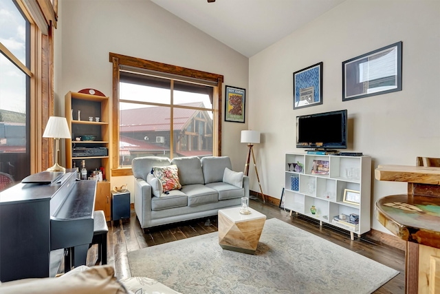 living area with baseboards, lofted ceiling, and wood finished floors