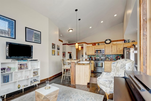 kitchen with dark wood-style floors, light brown cabinets, a center island with sink, lofted ceiling, and stainless steel appliances