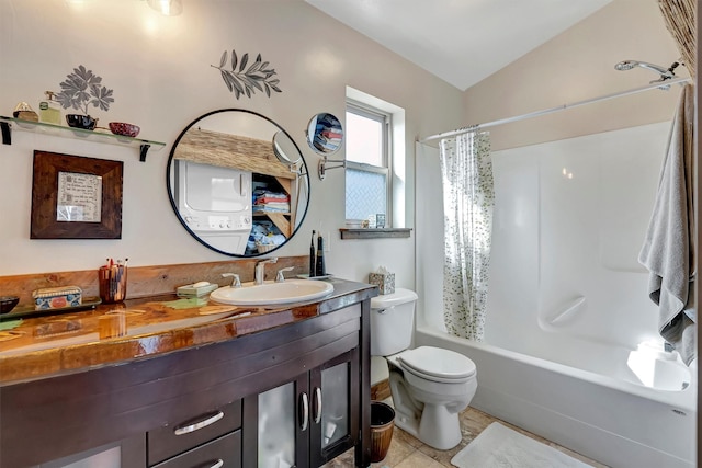 bathroom featuring vanity, shower / bath combination with curtain, toilet, and lofted ceiling