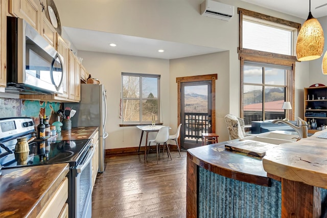 kitchen with a wall mounted air conditioner, dark wood-style floors, plenty of natural light, and appliances with stainless steel finishes