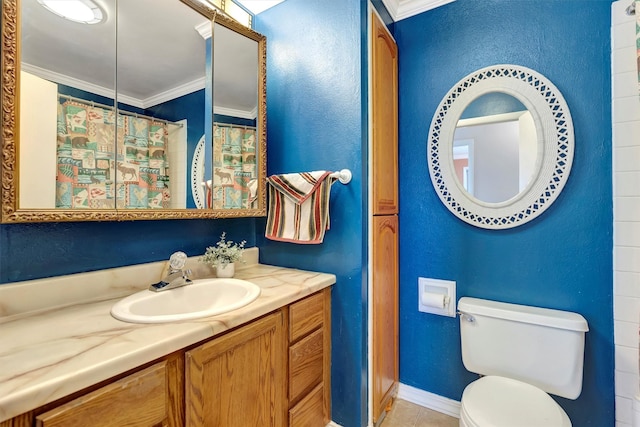 bathroom with toilet, a textured wall, and ornamental molding