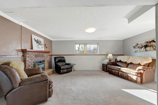 carpeted living room with a fireplace and crown molding