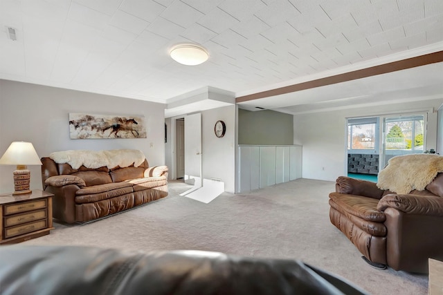 living area with carpet flooring and ornamental molding