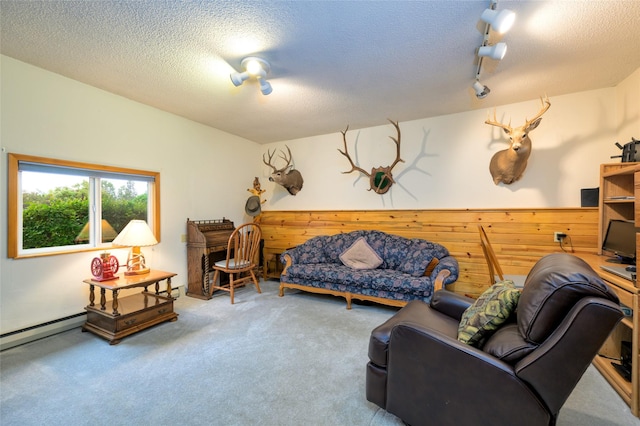 living area featuring rail lighting, a textured ceiling, carpet flooring, and vaulted ceiling