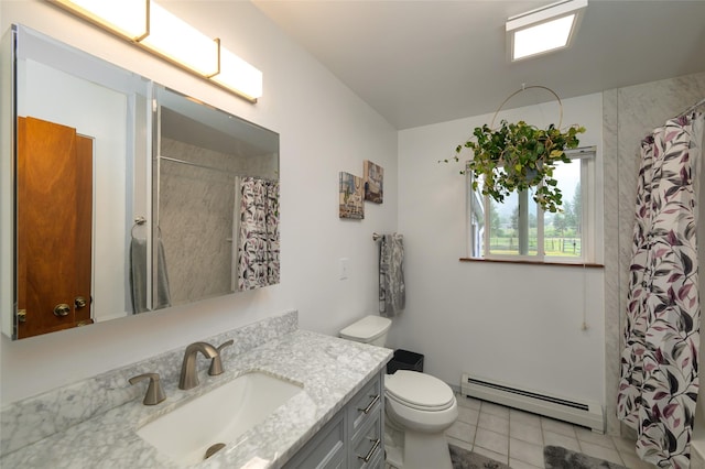 full bathroom with tile patterned floors, toilet, a shower with shower curtain, baseboard heating, and vanity