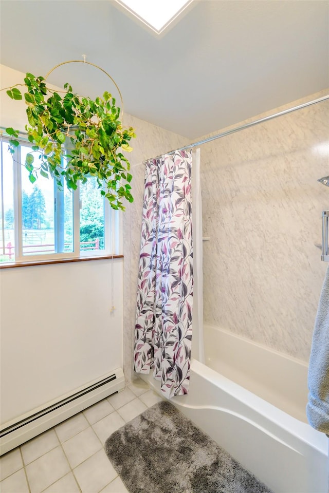 bathroom with tile patterned flooring, baseboard heating, and shower / tub combo with curtain