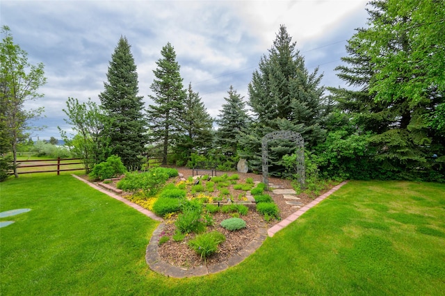 view of yard featuring a vegetable garden and fence