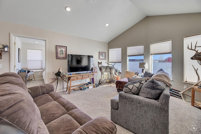 living room featuring baseboards, carpet, and vaulted ceiling