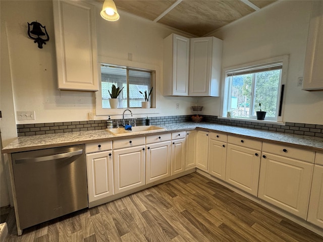 kitchen with a sink, stainless steel dishwasher, wood finished floors, and white cabinetry