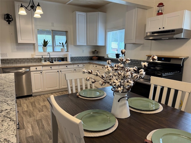 kitchen with under cabinet range hood, light wood-type flooring, range, stainless steel dishwasher, and a sink