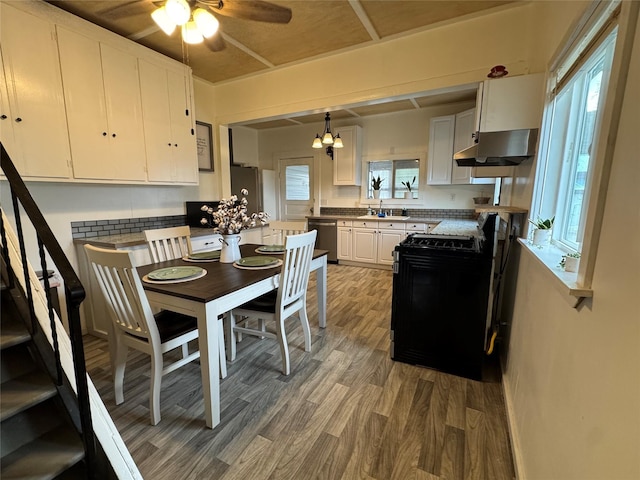 kitchen featuring under cabinet range hood, a sink, white cabinetry, appliances with stainless steel finishes, and light wood finished floors