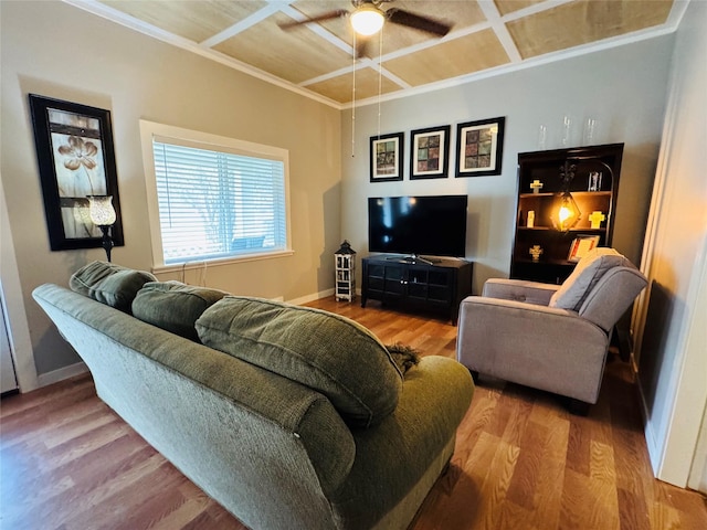 living room with wood finished floors, baseboards, and coffered ceiling