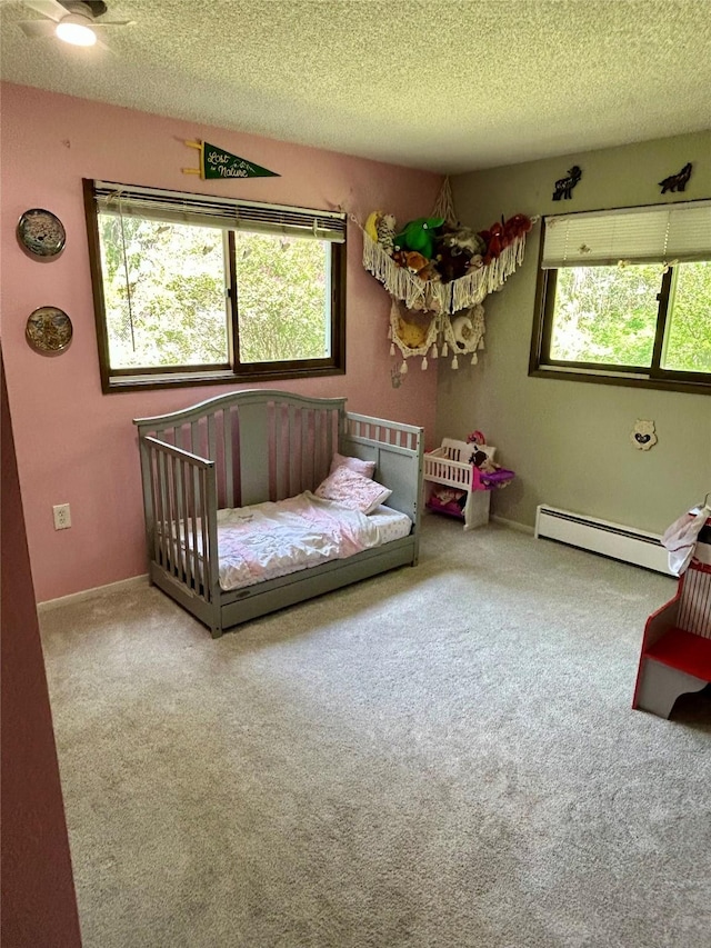 1103 Greers Ferry Rd, Libby, MT 59923 - bedroom featuring baseboard heating, multiple windows, carpet flooring, and a textured ceiling