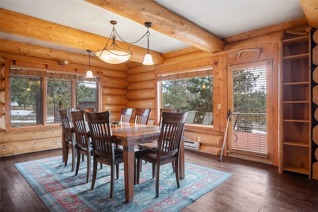 dining space featuring beam ceiling, dark wood-style floors, and log walls