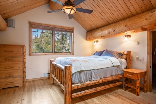 bedroom with a baseboard heating unit, wood ceiling, wood finished floors, and vaulted ceiling with beams