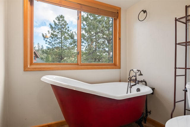 bathroom with a freestanding tub and toilet