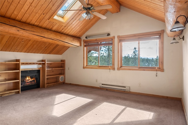 additional living space with a baseboard radiator, baseboards, carpet, and wood ceiling