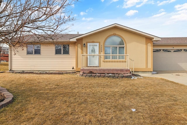 single story home featuring a garage, concrete driveway, a front lawn, and stucco siding