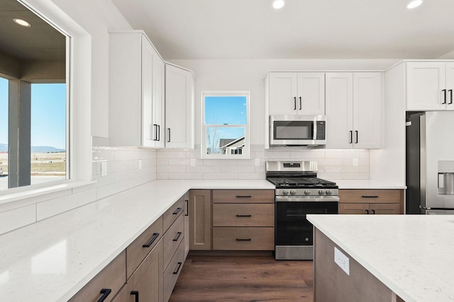 kitchen featuring light stone counters, dark wood finished floors, stainless steel appliances, white cabinets, and tasteful backsplash