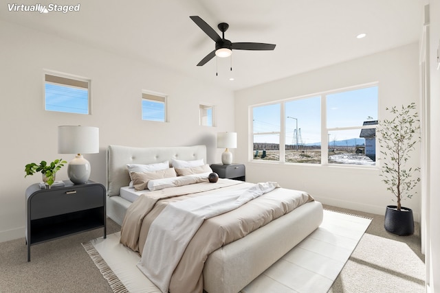 590 Stillwater Rd, Kalispell, MT 59901 - bedroom with light colored carpet, a ceiling fan, and recessed lighting
