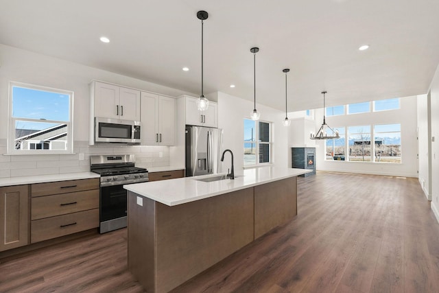 kitchen with a sink, stainless steel appliances, backsplash, and dark wood-style floors